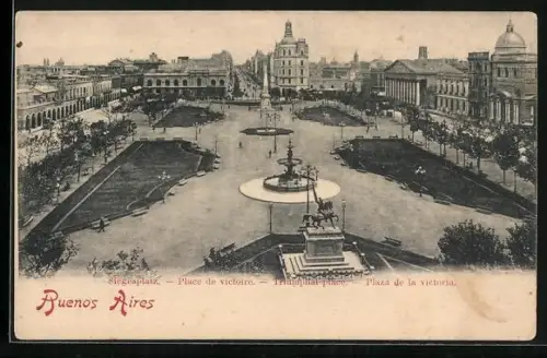 AK Buenos Aires, Siegesplatz aus der Vogelschau, Brunnen, Denkmäler