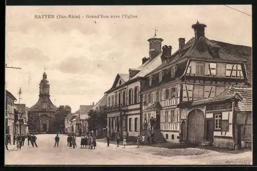AK Hatten /Bas-Rhin, Grand`Rue avec l`Eglise