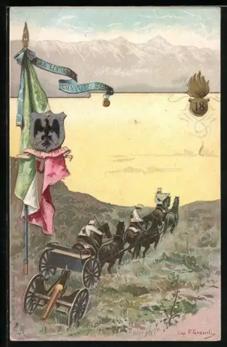 AK 1. e 4. Batteria Custoza 1866, italienische Fahne, Wappen und Soldaten mit Geschützwagen