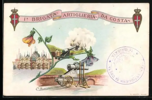 Lithographie 1. Brigata Artiglieria da Costa, Italienische Artillerie