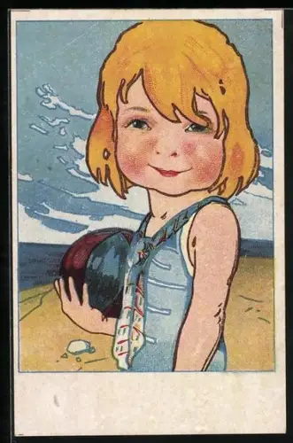 Künstler-AK Mädchen mit Ball am Strand, Jugendstil