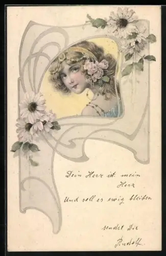 AK Junge Frau mit Blüten im Haar im Jugendstil-Passepartout