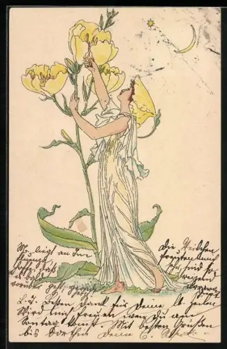 Künstler-AK Junge Frau mit mannshohen gelben Blüten, Jugendstil