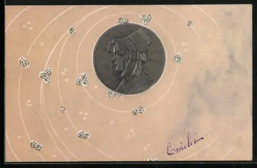 Präge-AK Junge Frau mit hohem Hut im Profil, Jugendstil