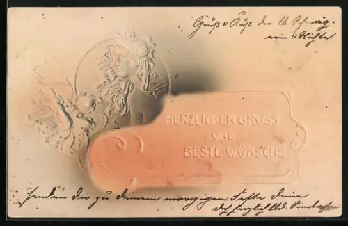 Airbrush-AK Gruss und beste Wünsche, Frauenkopf und Blüte