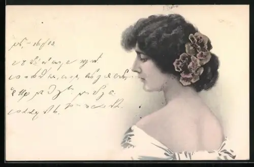 Künstler-AK Junge Frau mit Blüten im Haar in Rückenansicht, Jugendstil