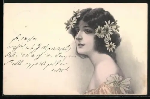 Künstler-AK Attraktive junge Frau mit Blüten im Haar, Jugendstil