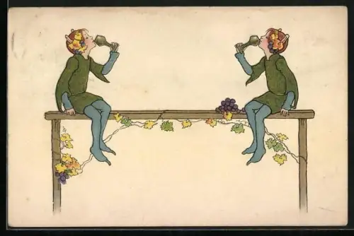 AK Zwei elfenhafte Gestalten beim Weintrinken, Jugendstil