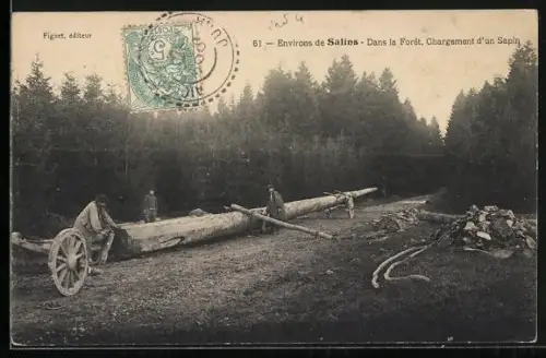 AK Salins-les-Bains, Dans la Foret, Chargement d'un Sapin, Förster mit gefälltem Baum