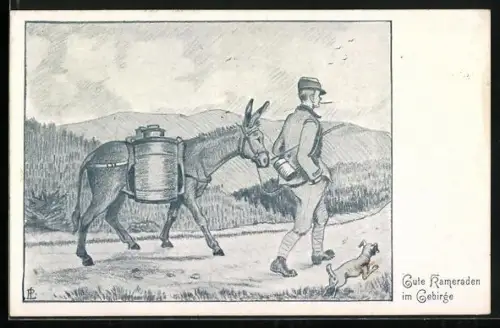 Künstler-AK Gute Kameraden im Gebirge, Soldat der Infanterie mit Esel