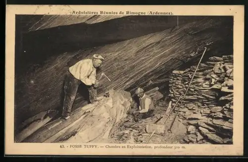 AK Rimogne /Ardennes, Ardoisières Réunies, Fosse Tuffy, Chambre en Expolitotation, Arbeiter im Bergbau