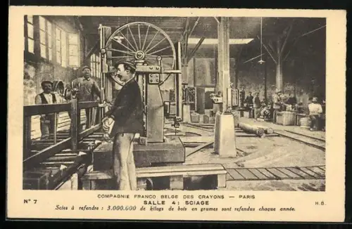 AK Paris, Compagnie Franco Belge des Crayons, Salle 4: Sciage, Scies à refendre, Fabrikarbeiter an der Maschine