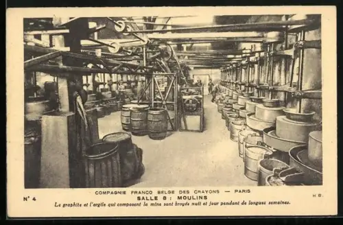 AK Paris, Compagnie Franco Belge des Crayons, Salle 8: Moulins, Le graphite et l`argile..., Fabrikarbeiter mit Fässern