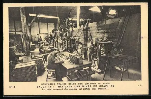AK Paris, Compagnie Franco Belge des Crayons, Salle 14: Tréfilage des Mines de Graphite, Fabrikarbeiter an der Maschine