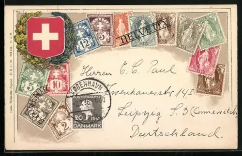 AK Helvetia, Briefmarken, Wappen im Kranz