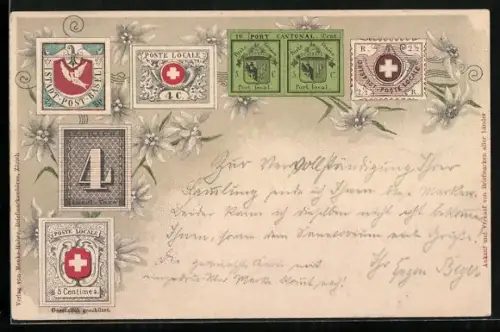 AK Basel, Briefmarken mit Alpenblumen