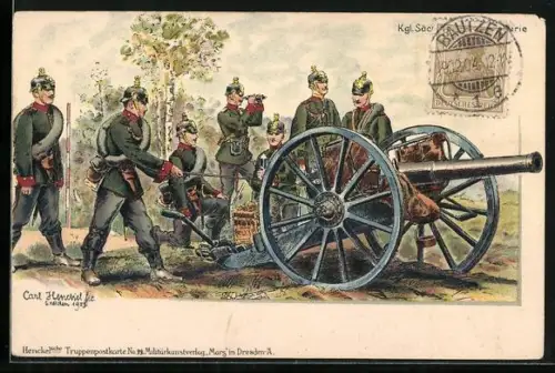 Künstler-AK Soldaten der Kgl. sächs. Feldartillerie in Uniform mit Geschütz in Feuerstellung