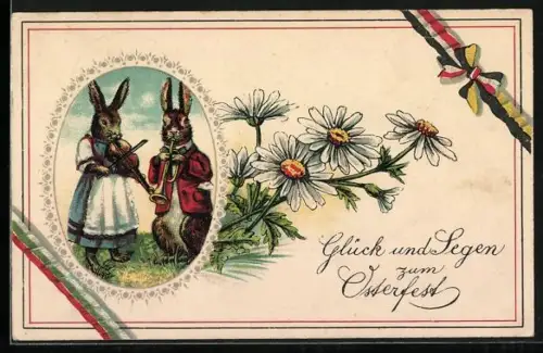 Lithographie Hasenpaar mit Geige und Trompete, Banderolen Zweibund u. Ungarn, Blumen, Ostergruss