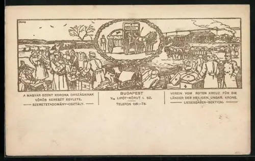 AK Budapest, Liebesgaben-Sektion, Fuhrwerk des Roten Kreuz, Verein vom Roten Kreuz für die Länder der ungarischen Kirche