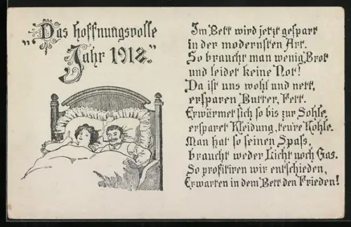 AK Ehepaar spart im Bett, Ironisches Gedicht, 1918