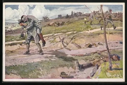 AK Rotes Kreuz Nr. 619, Johann Salawa, trägt verwundeten Offizier im heftigsten Feuer zum Verbandsplatz