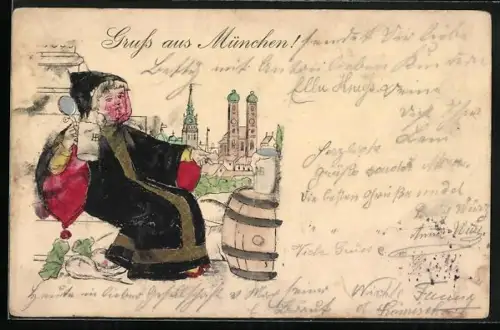 AK Münchner Kindl mit Bierkrug und Fass vor den Toren Münchens