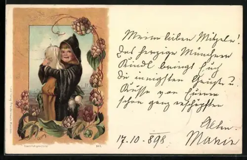 Lithographie Münchner Kindl mit grossem Rettich, Hopfen-Ranke