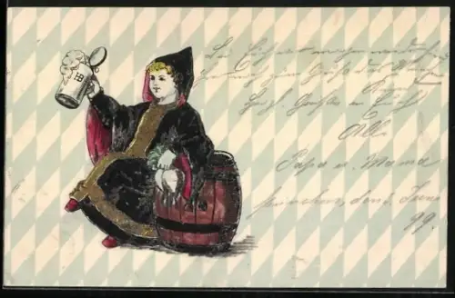 Präge-AK Münchner Kindl erhebt den Bierkrug, Radi, Fass