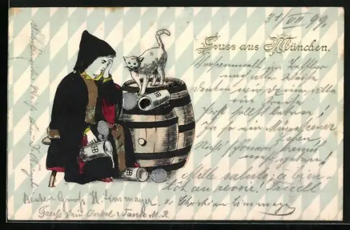 Künstler-AK München, Münchner Kindl vor Bierfass mit Katze