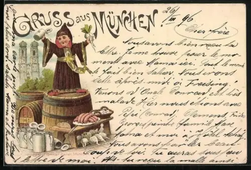 Lithographie Münchner Kindl steht auf einem Fass und hebt Bierkrug u. Radi in die Höhe