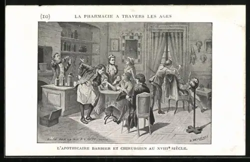 Künstler-AK La Pharmacie a travers les Ages: L`apothicaire Barbier et Chirurgien au XVIII. Siecle