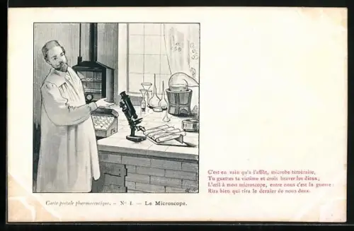 AK Carte postale pharmaceutique, Le Microscope