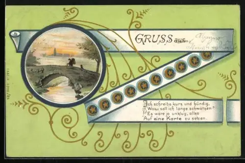 Lithographie Ich schreibe kurz und bündig..., Brücke mit Wanderer, Ornamente, Ansichtskartengeschichte