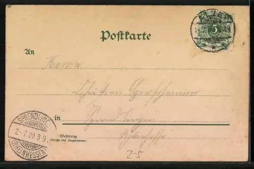 Lithographie Ich schreibe kurz und bündig..., Brücke mit Wanderer, Ornamente, Ansichtskartengeschichte