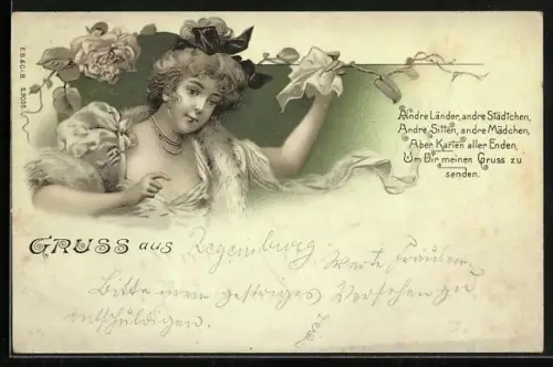 Lithographie Andre Länder..., Winkende junge Dame, Ansichtskartengeschichte