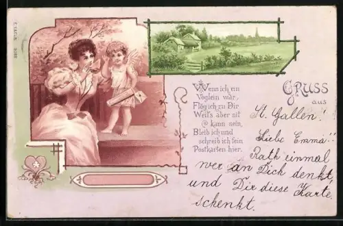 Lithographie Wenn ich ein Vöglein wär..., Fräulein mit Amor