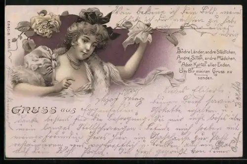Lithographie Andre Länder..., Winkende junge Dame, Rosen, Ansichtskartengeschichte