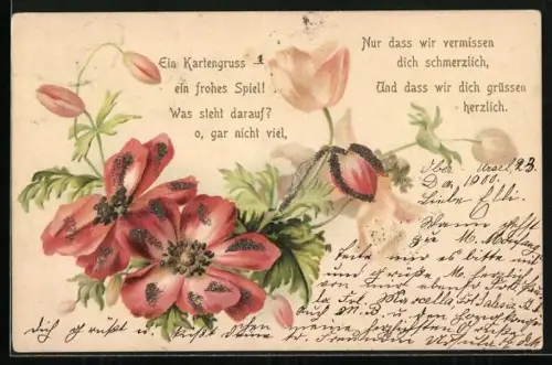 Lithographie Ein Kartengrusss..., Mohnblumen, Tulpen, Glitter