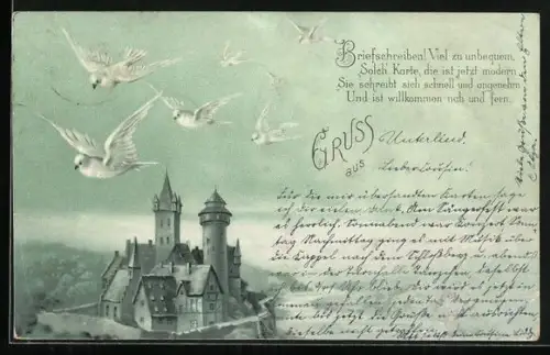 Lithographie Briefschreiben! Viel zu unbequem..., Brieftauben über einer Burg