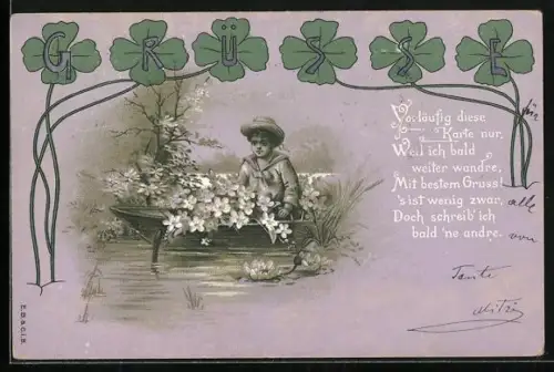 Lithographie Vorläufig diese Karte nur..., Glücksklee, Bootspartie