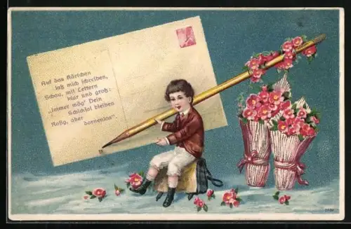 Präge-AK Knabe beschreibt eine Postkarte mit Bleistift, Blumen