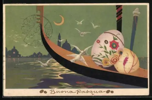 AK Bemalte Ostereier in einem Boot, Möwen, Mond, Panorama, Ostergruss, Art Deco
