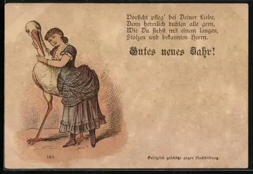 Lithographie Junges Mädchen umarmt einen Storch, Gedicht, Neujahrsgruss