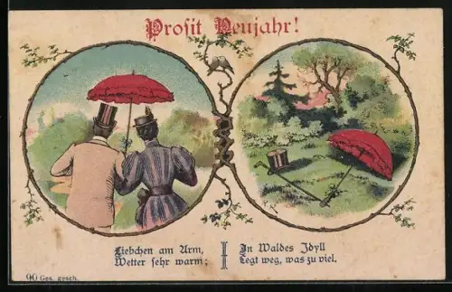 Lithographie Paar mit Schirm, Schirm vor einem Gebüsch, Gedicht, Neujahrsgruss