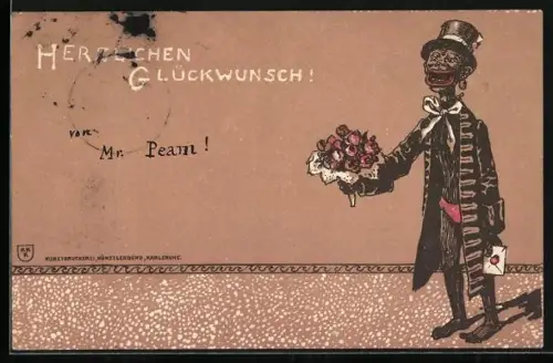 Lithographie Afrikaner als Gratulant, Glückwunsch, Kolonialhumor