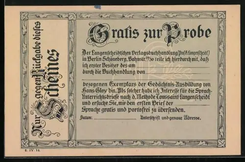 AK Gutschein zur Probe der Sprachunterrichtsbriefe der Langenscheidtschen Verlagsbuchhandlung