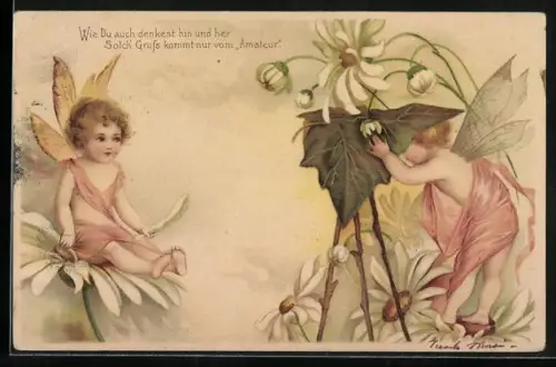 Lithographie Elfe fotografiert ein Elfenmädchen