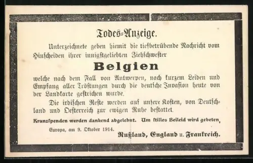 AK Todes-Anzeige für Belgien, 1914, Propaganda 1. Weltkrieg