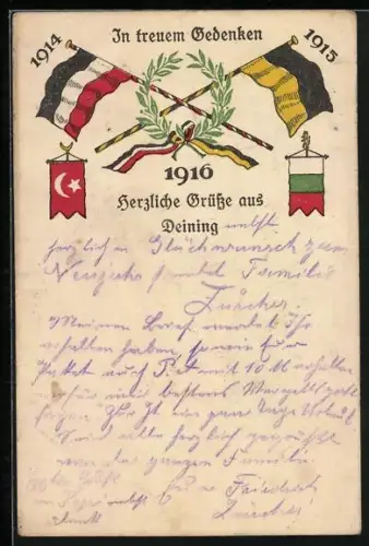 AK Fahnen der vier verbündeten Mächte, Deutschland, Österreich, Bulgarien, Türkei