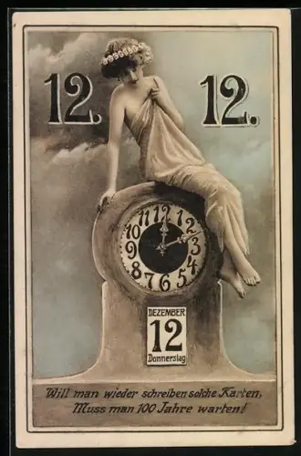 AK 12.12.12 junge Dame auf einer Uhr